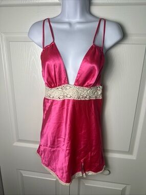 Victoria Secrets Women’s Hot Pink Satin Lace-Trim Nightie Size Small